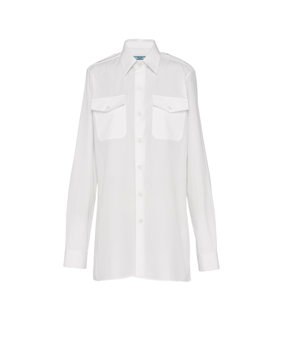 Prada Longline Shirt With Pointed Collar And Chest Pockets In White
