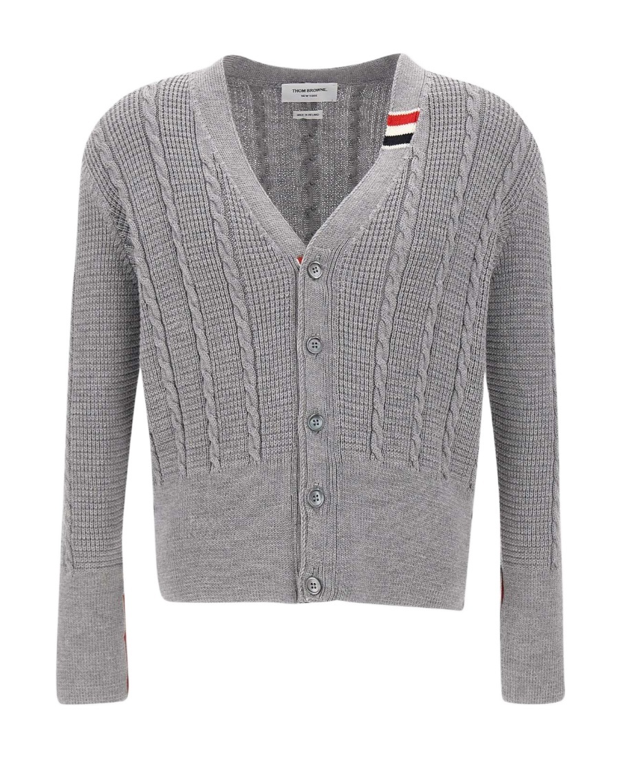 Shop Thom Browne Cable-knit Virgin-wool Cardigan In Gray