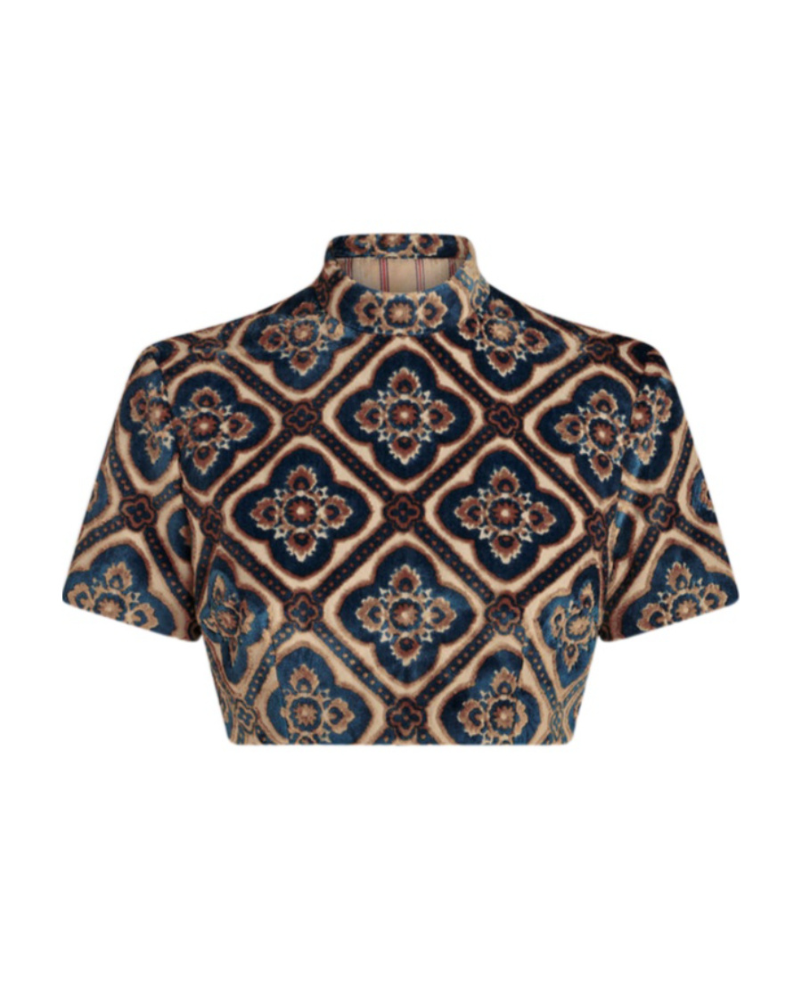 Etro Abstract-print Velvet Crop Top In Black