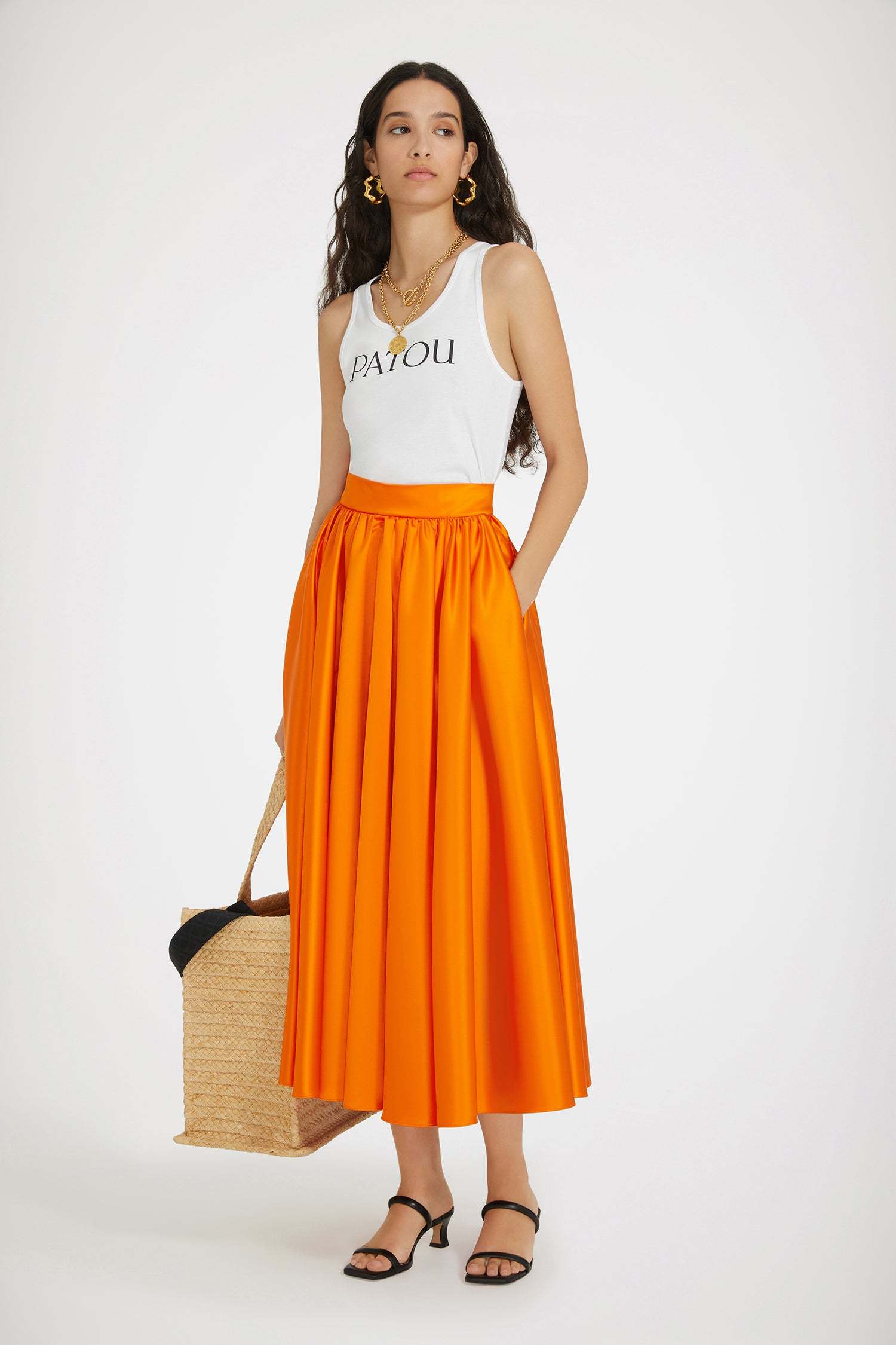 Patou Satin Flared Midi Skirt In Orange