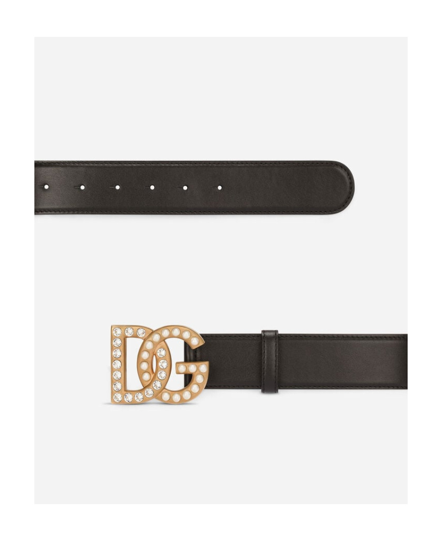 Dolce & Gabbana Embellished Dg Logo Buckle Belt In Calf Leather In Black