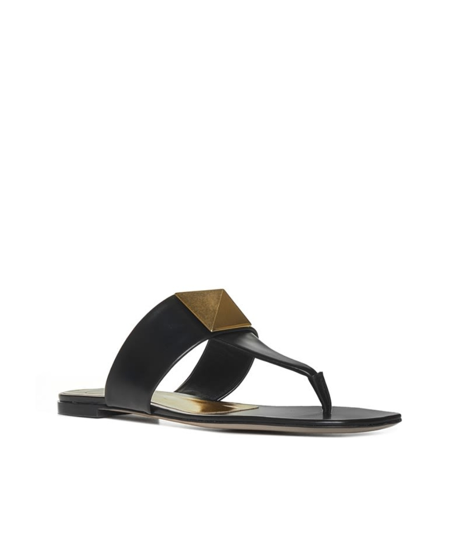 Valentino One Stud Leather Flat Sandals In Black