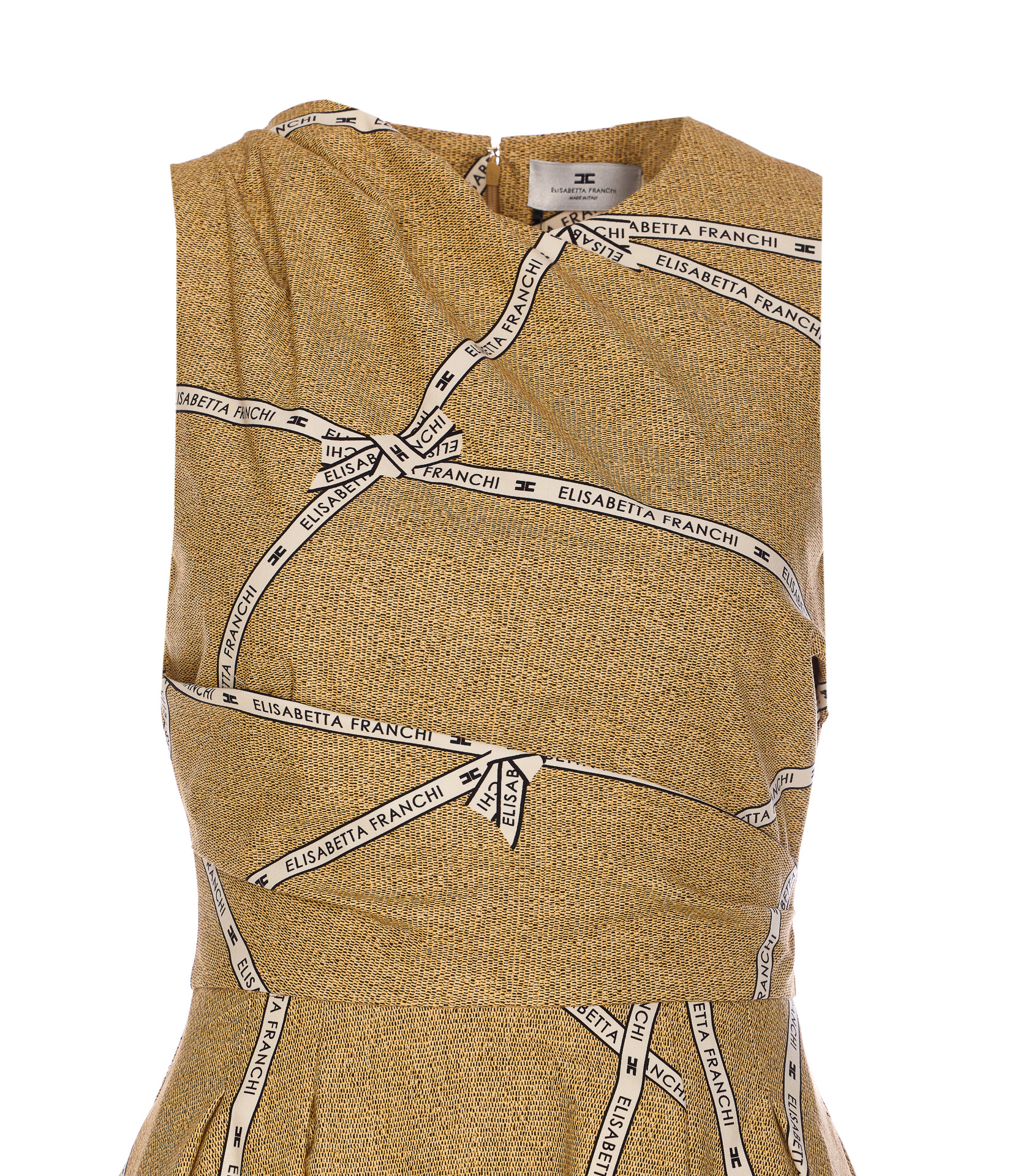 Elisabetta Franchi Midi Dress With Geometric Patterns And Rounded Collar In Brown