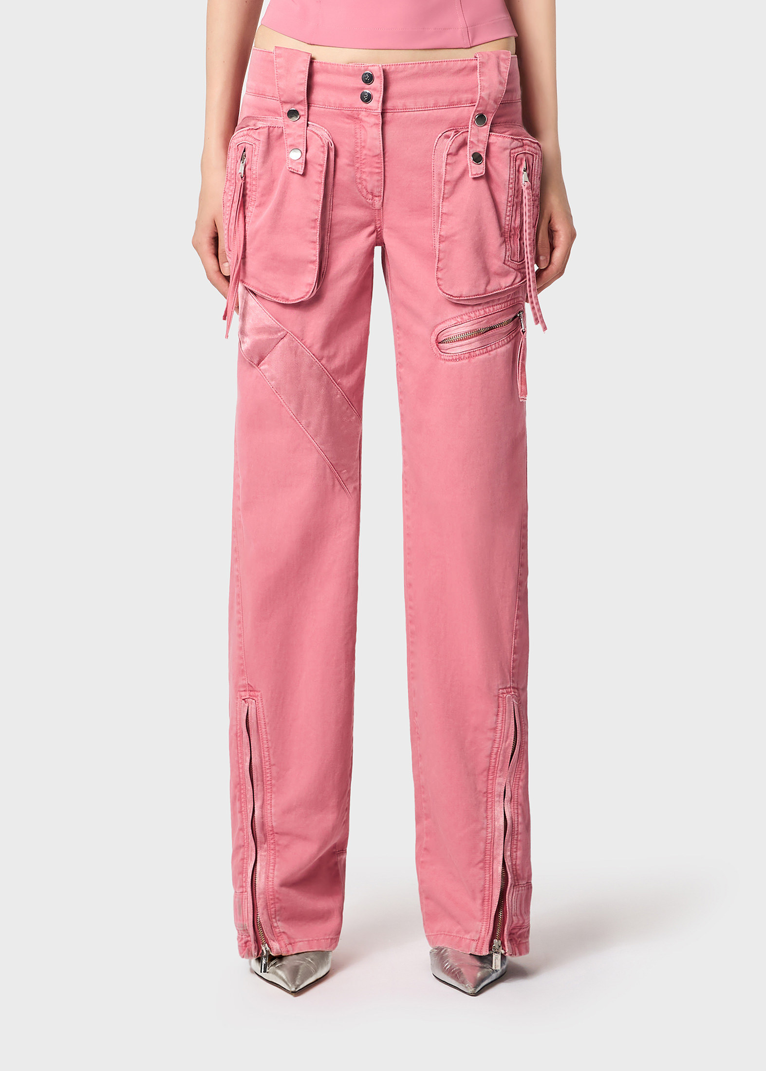 Blumarine Cotton Denim Cargo Flared Pants W/zips In Pink