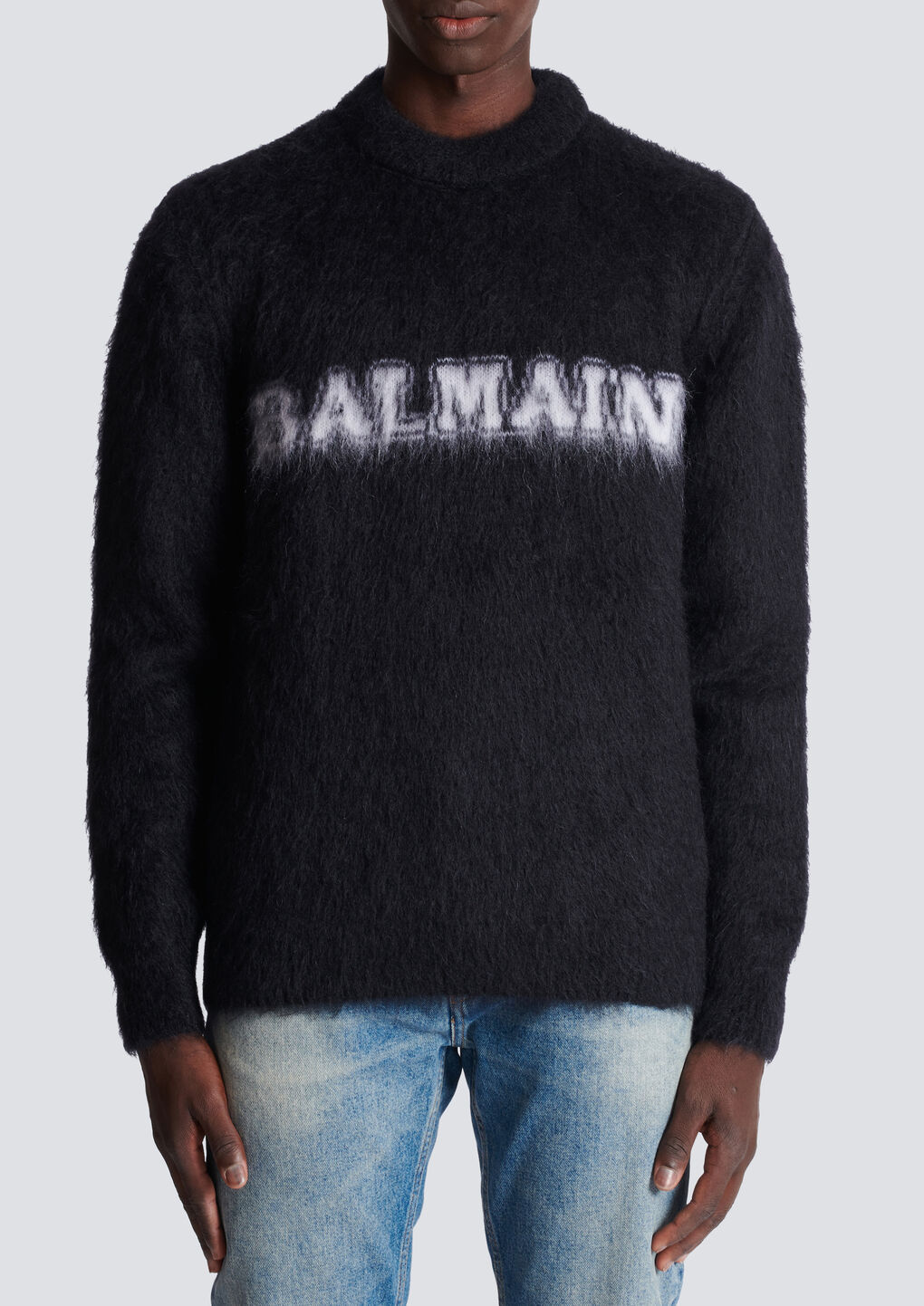 Balmain Black Crewneck Sweater With Maxi Logo Lettering On The Front And Brushed Effect In Wool Blen In Black