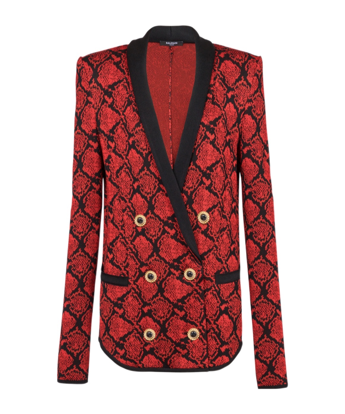 Balmain Double-breasted Shawl-collar Python Knit Blazer Jacket In Red