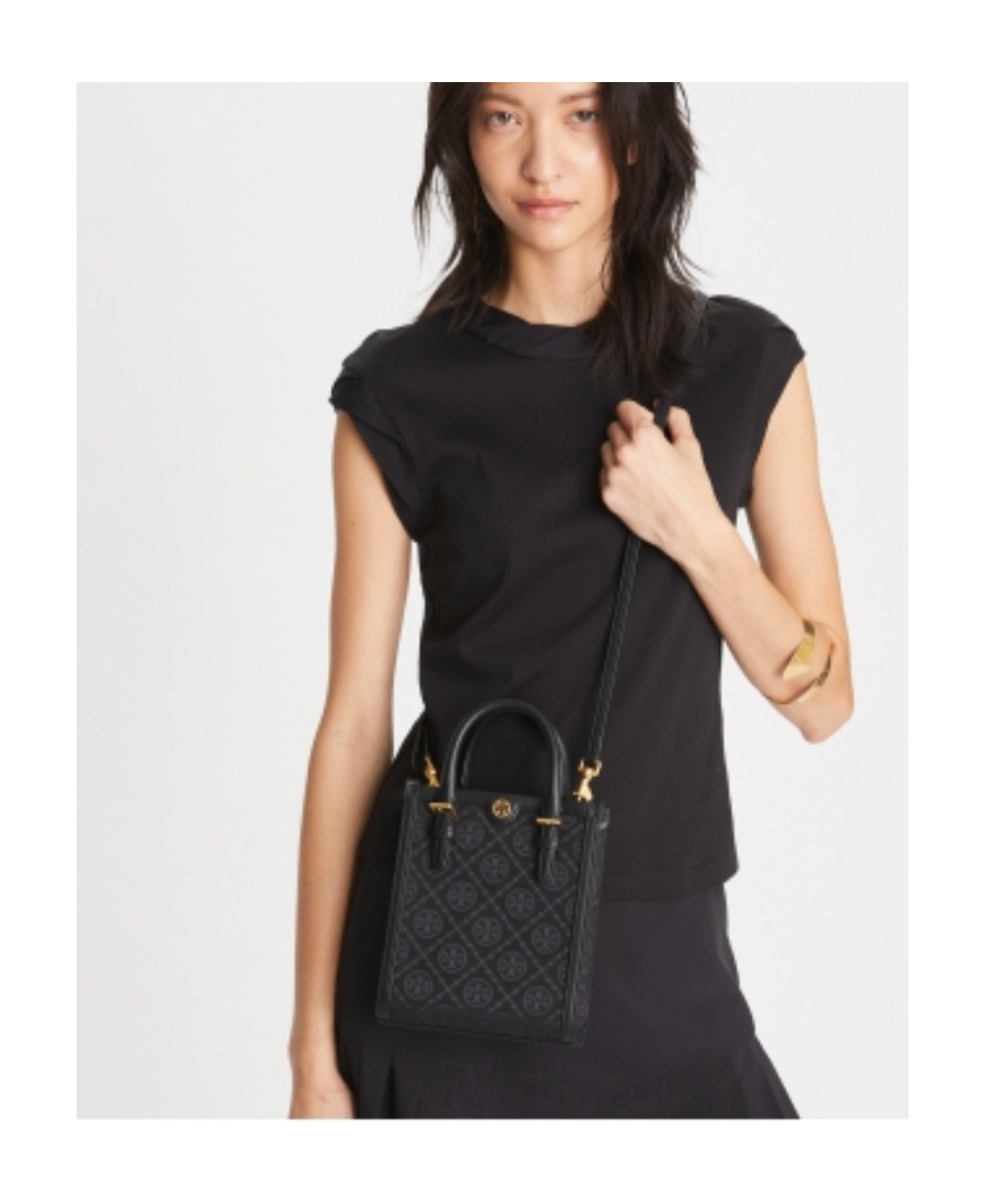 Tory Burch Mini T Monogram Canvas Tote Bag In Black