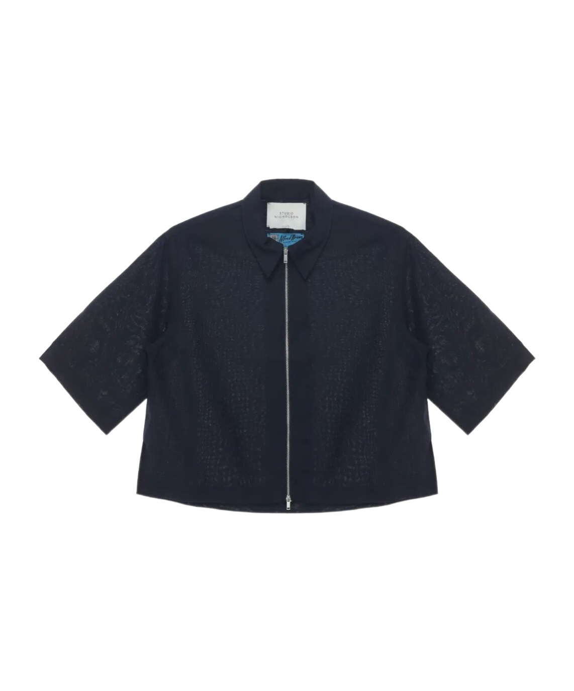 Studio Nicholson Collared Cropped Semi-sheer Short Sleeves Jacket In Navy