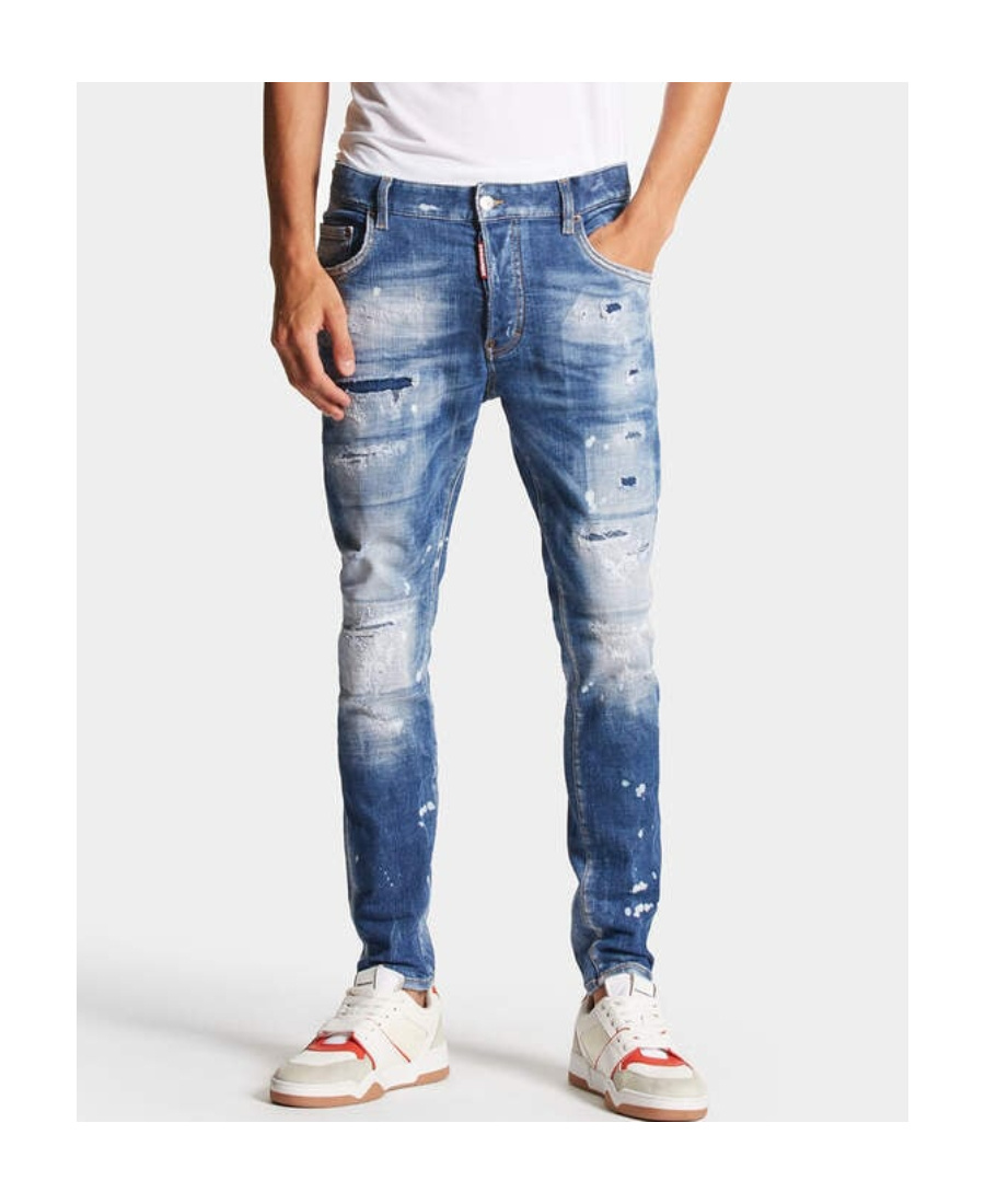 Dsquared2 Blue Slim Jeans With Rips And Bleach Effect In Cotton Blend Denim Man In Blue