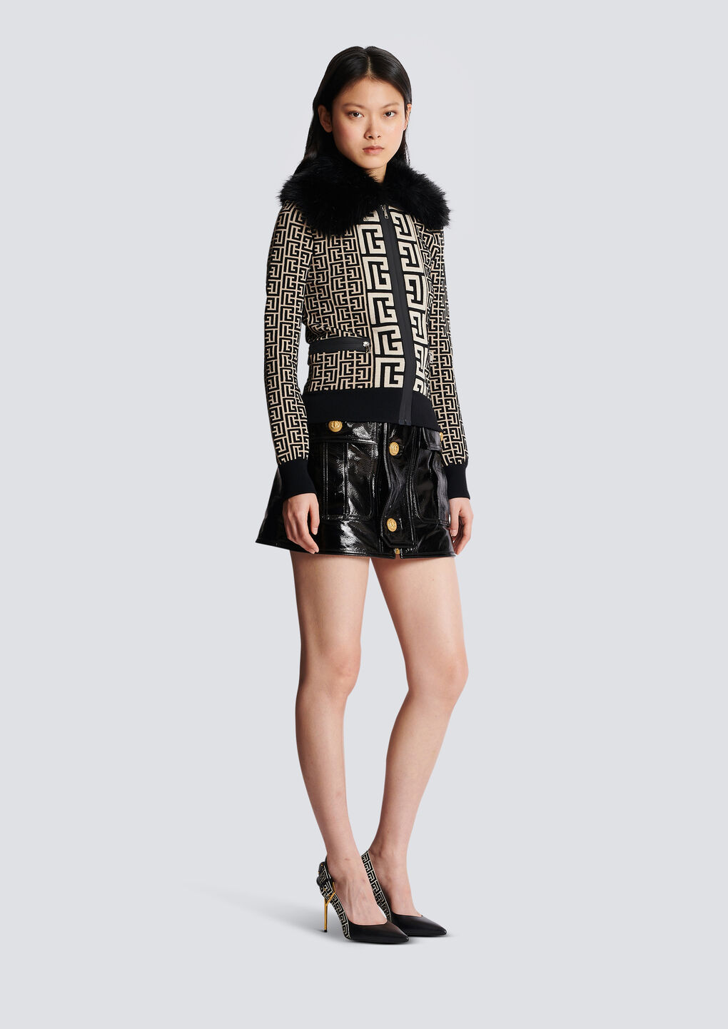 Balmain Monogrammed Knit Jacket With Faux Fur In Black