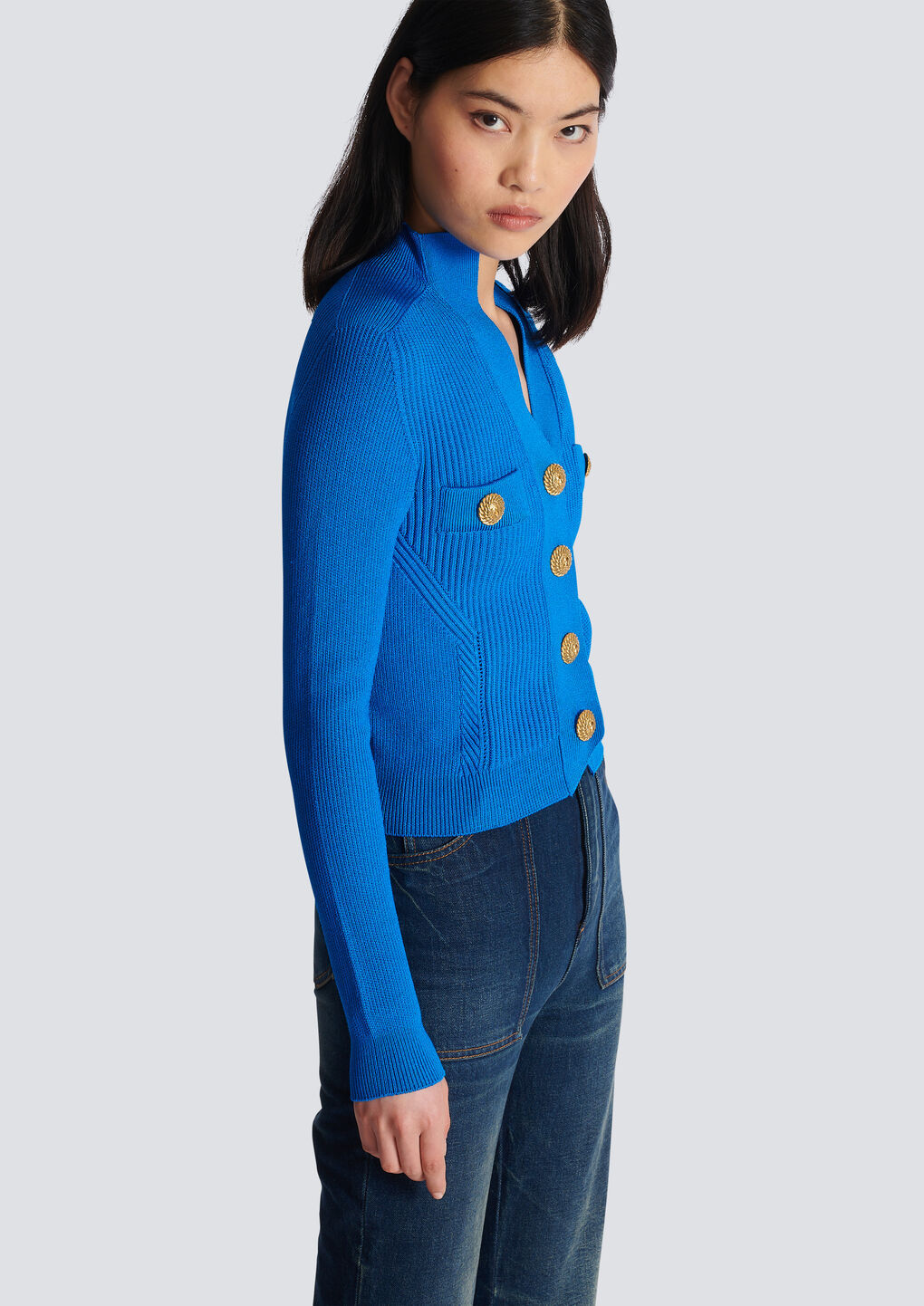 Balmain Embossed-button Ribbed Cardigan In Blue