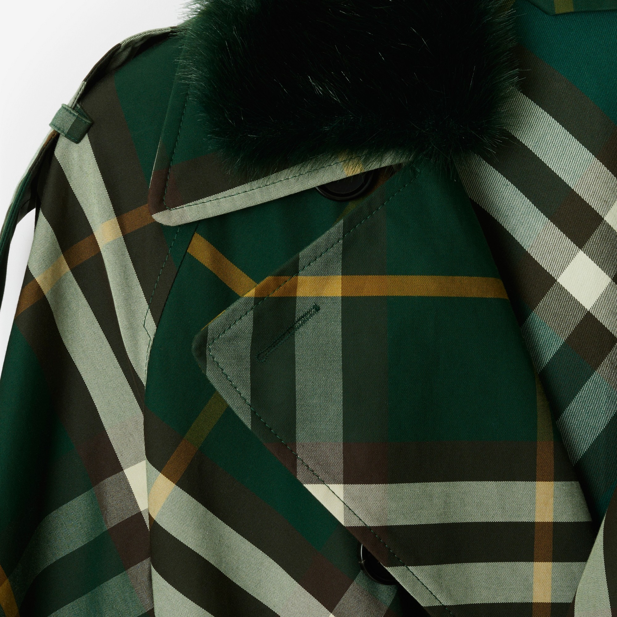 Burberry Check Belted Trench Coat With Faux Fur Collar In Black