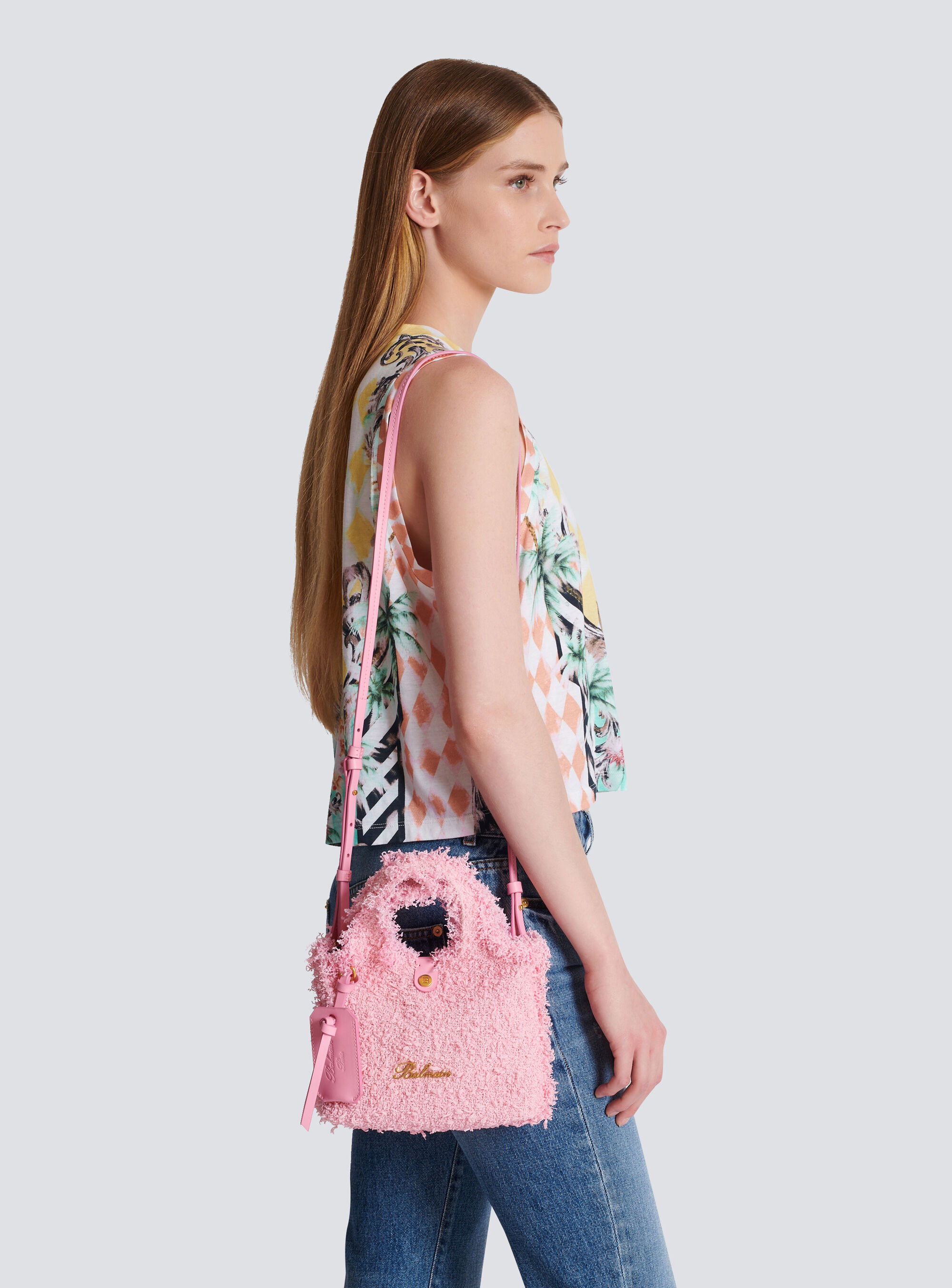 Shop Balmain Mini B-army Grocery Bag In Tweed In Pink