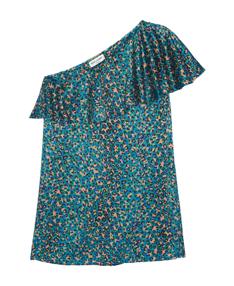 Saint Laurent Leopard-print One-shoulder Dress In Blue