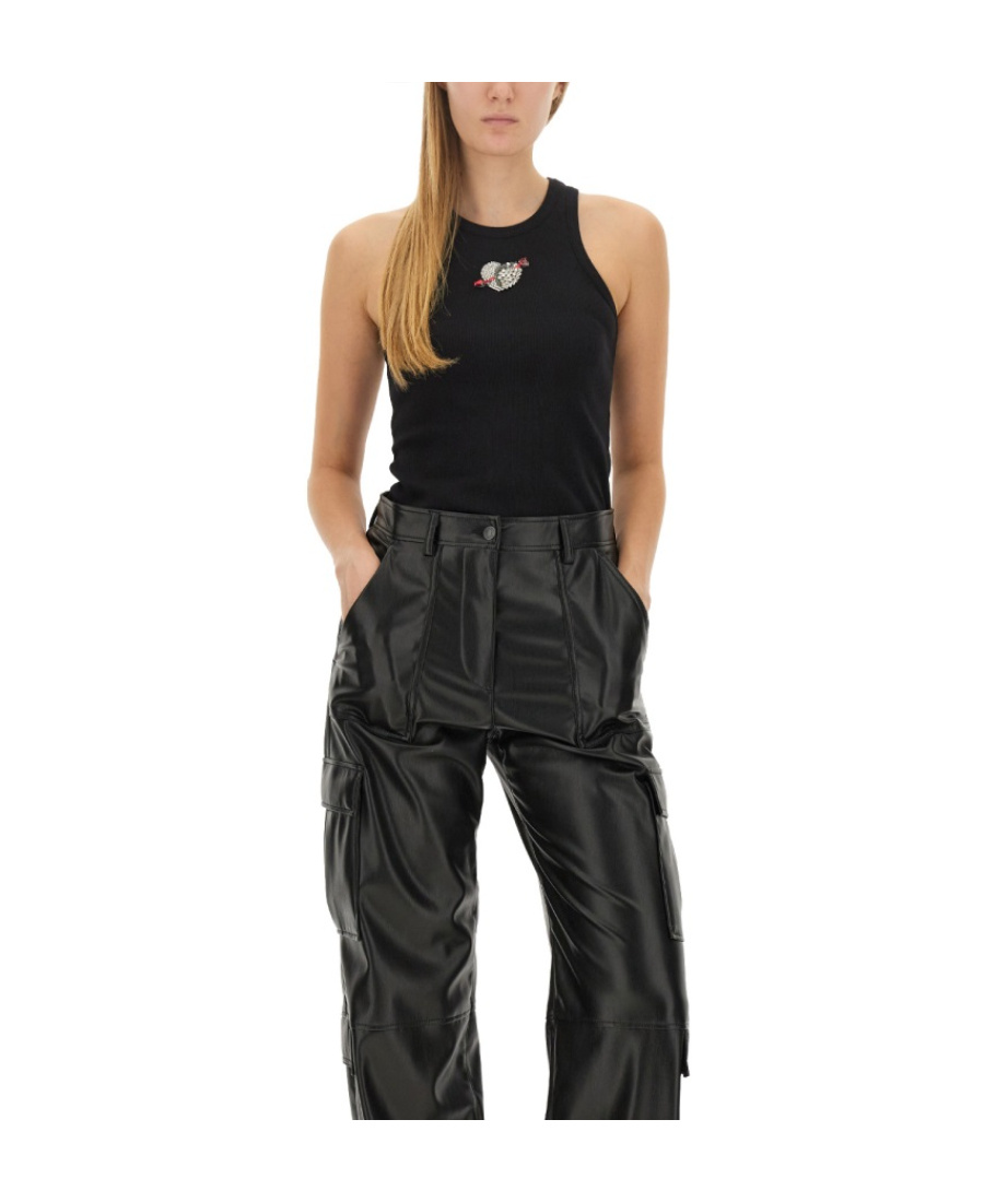 Msgm Fitted Sleeveless Ribbed Cotton Top With Embroidered Detail In Black