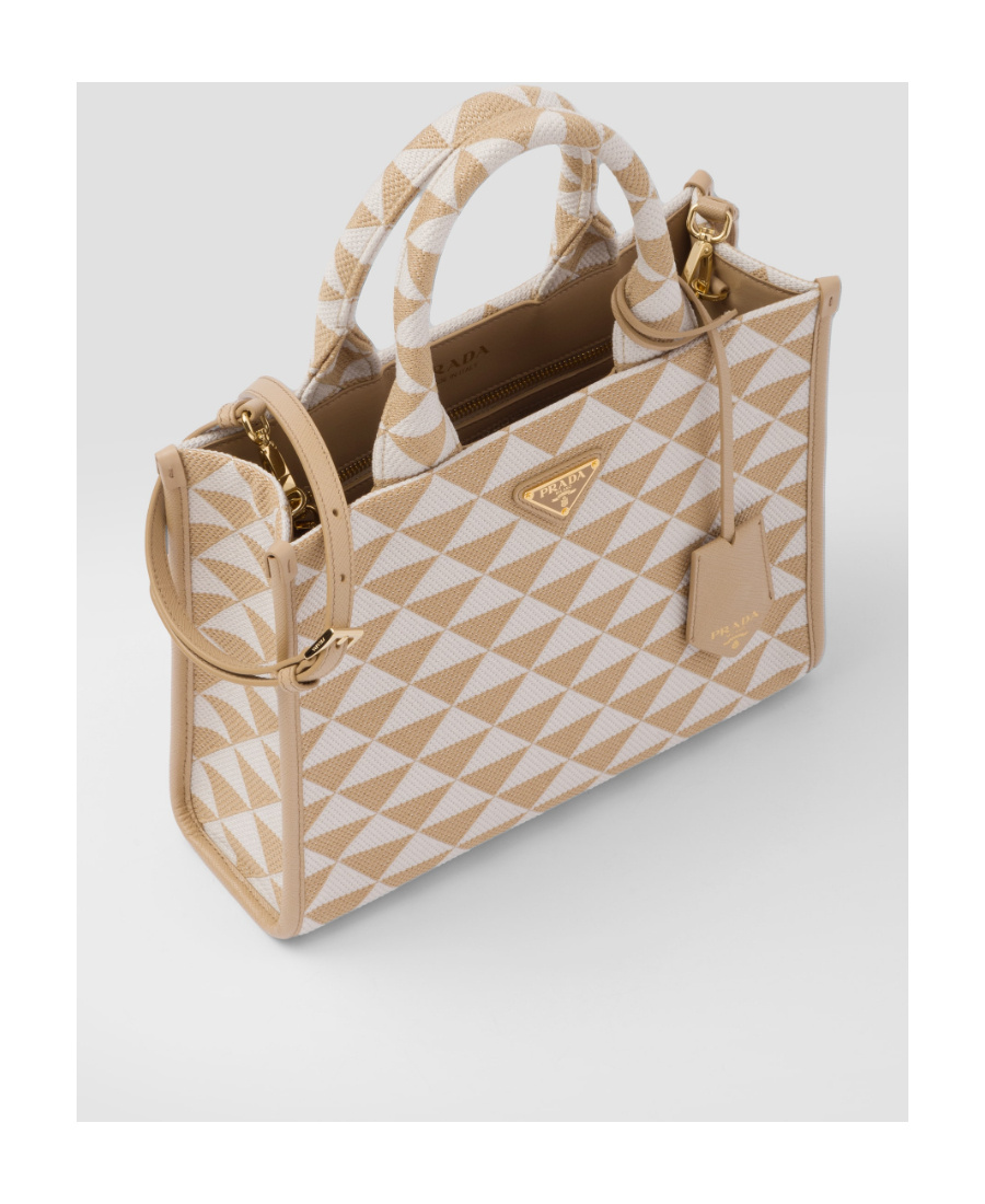 Shop Prada Small Symbole Embroidered Fabric Handbag In Nude
