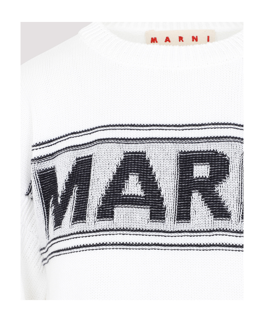 Marni Logo Jacquard Cotton Knit Sweater In White