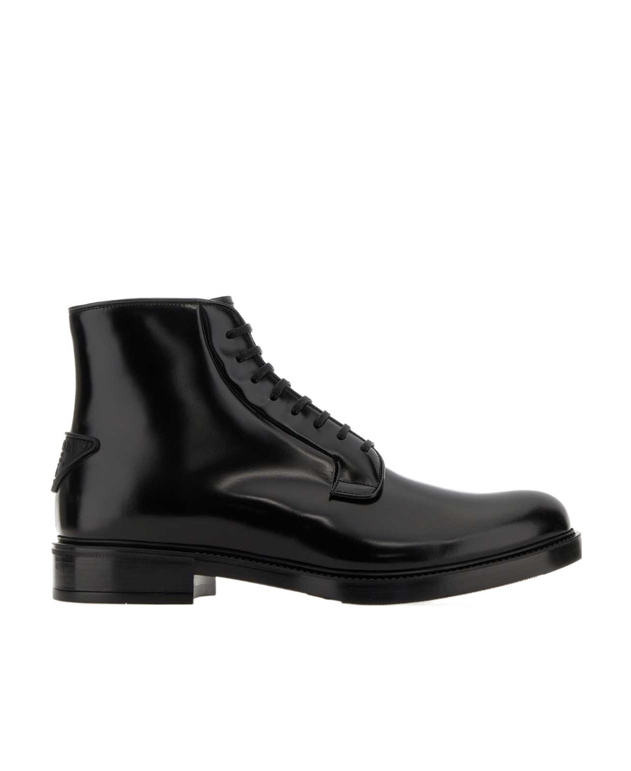 Prada Logo Patch Lace-up Ankle Boots In Black