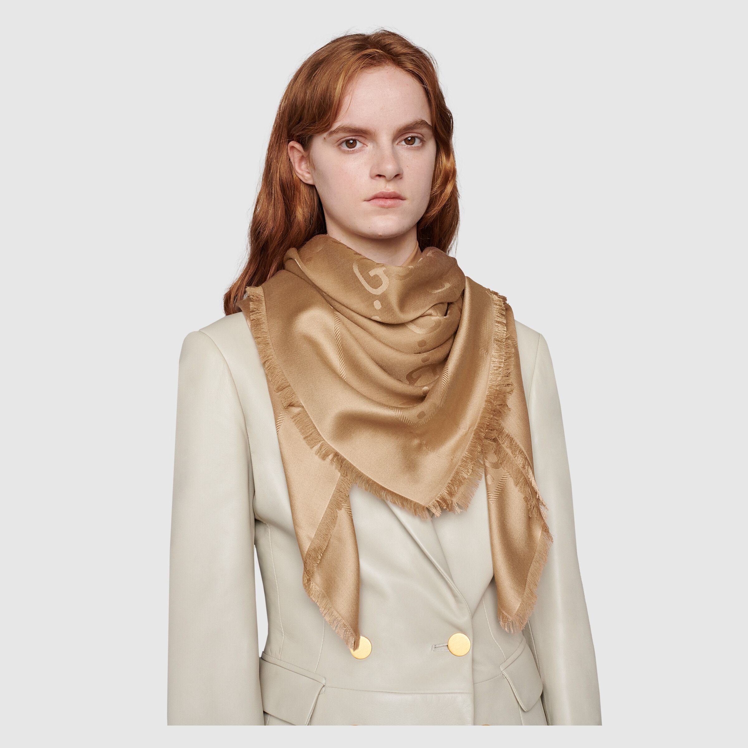 Gucci Gg Jacquard Silk Wool Shawl In Nude