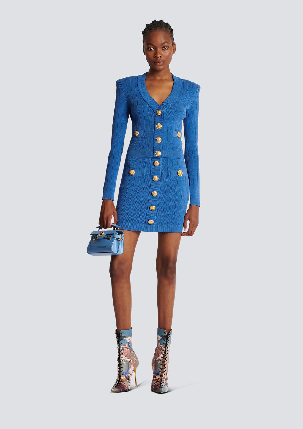Balmain Knitted Mini Skirt With Decorative Buttons In Blue