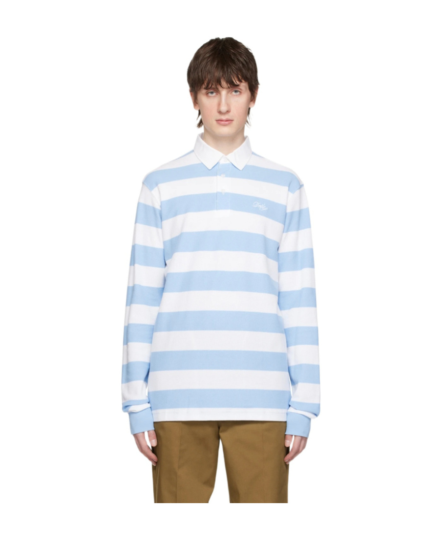 Drôle De Monsieur Light Blue And White Striped Polo Shirt With Logo Embroidery In Blue