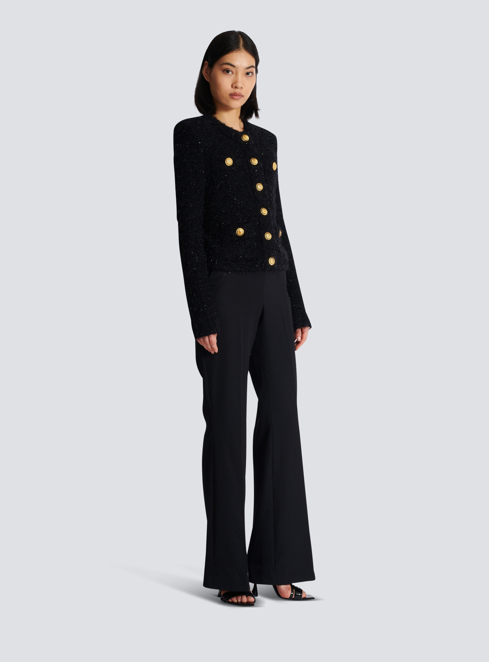 Balmain Collarless Four-pocket Tweed Jacket In Black