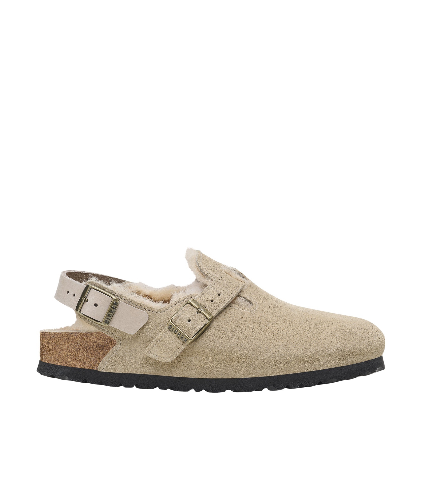 Birkenstock Tokio Shearling Buckled Suede Clogs In Nude