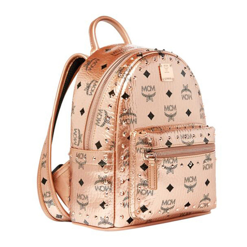 Mcm Logo Printed Rivet Backpack In Nude