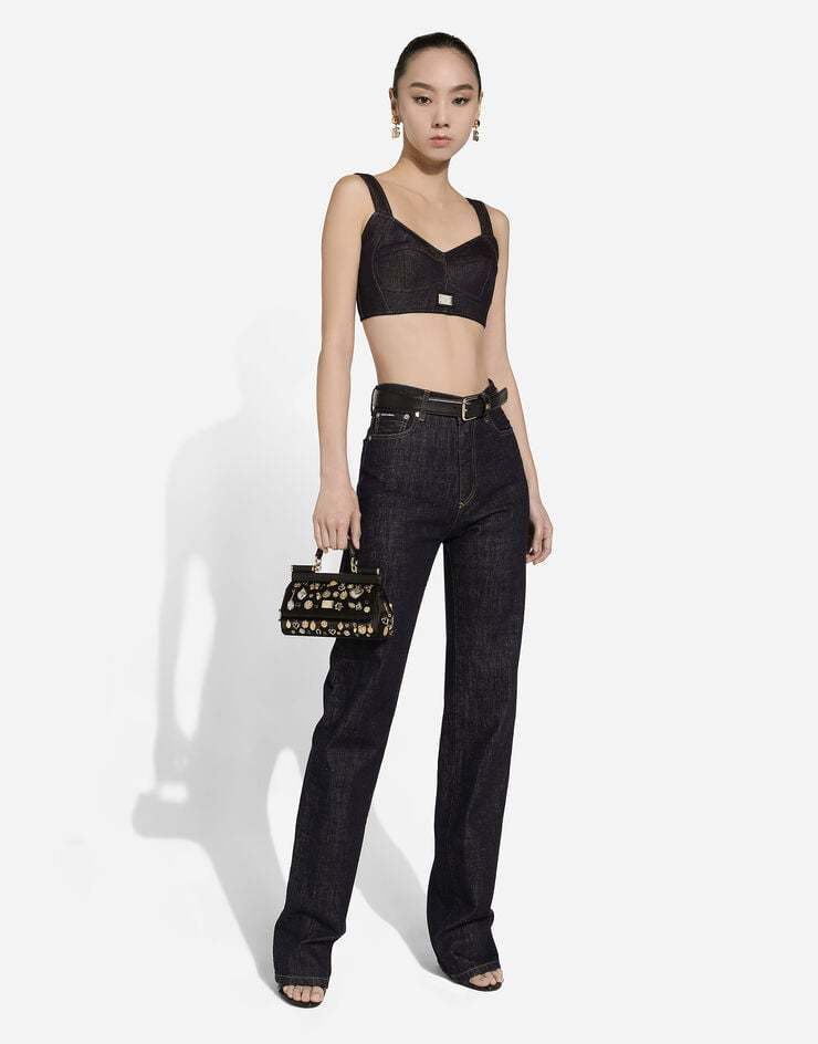 Dolce & Gabbana Cotton Denim Corset Bralette Top In Black