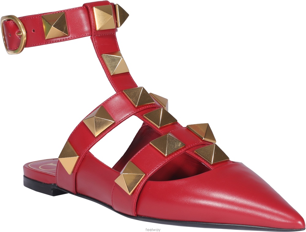Valentino Roman Stud Leather Ankle Strap Flat In Red