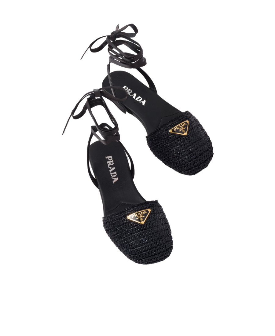 Prada Logo-plaque Woven-raffia Sandals In Black