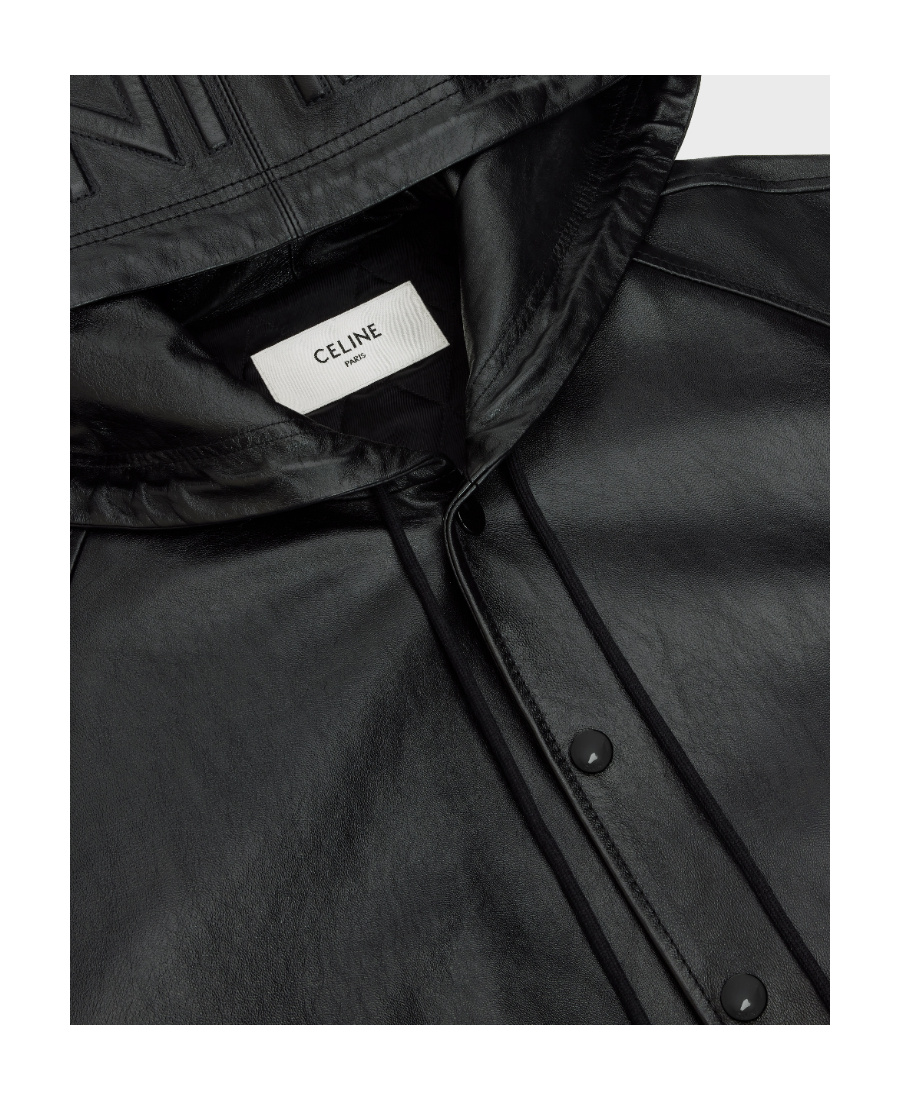 Celine Logo-embossed Full-grain Leather Hooded Bomber Jacket In Black