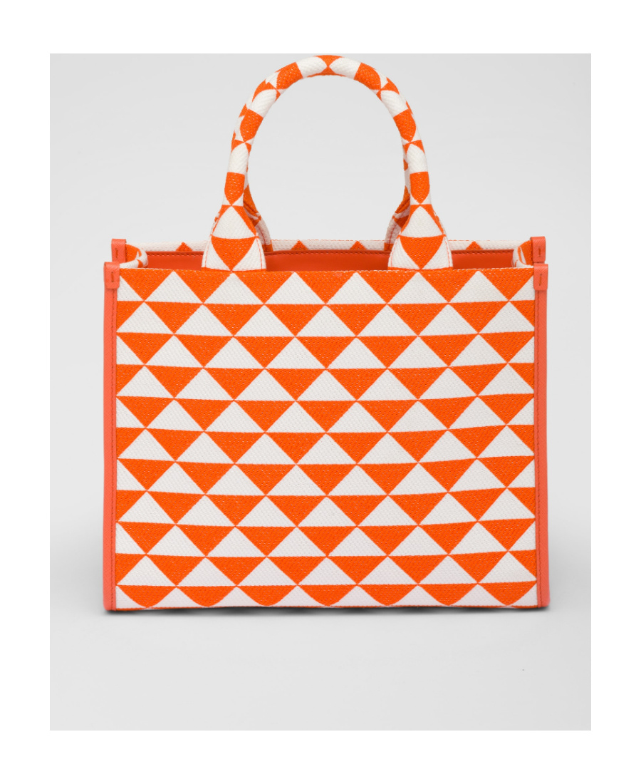 Prada Large Symbole Embroidered Fabric Handbag In Orange/white