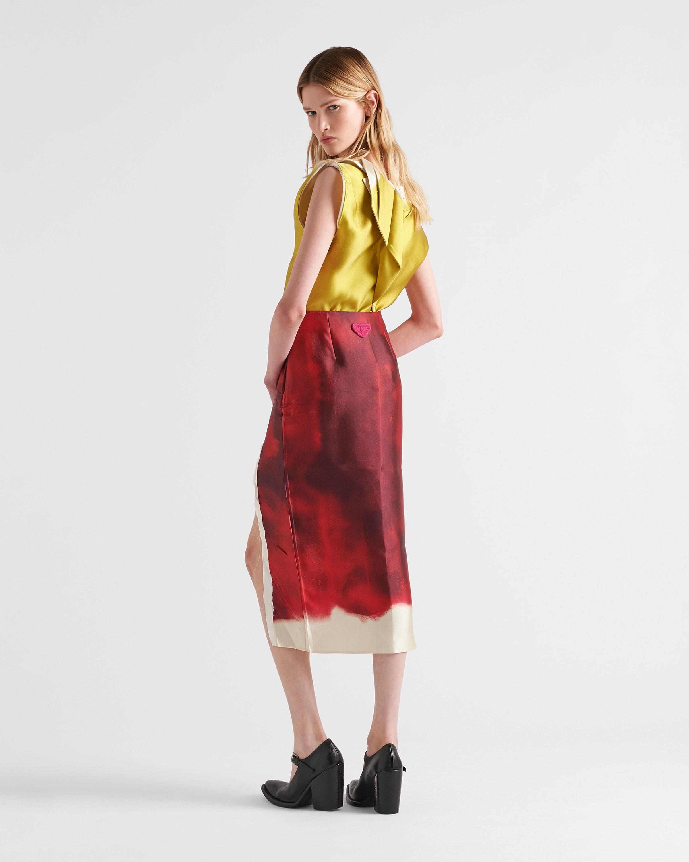 Shop Prada Printed Satin Midi Skirt With Slit In Red