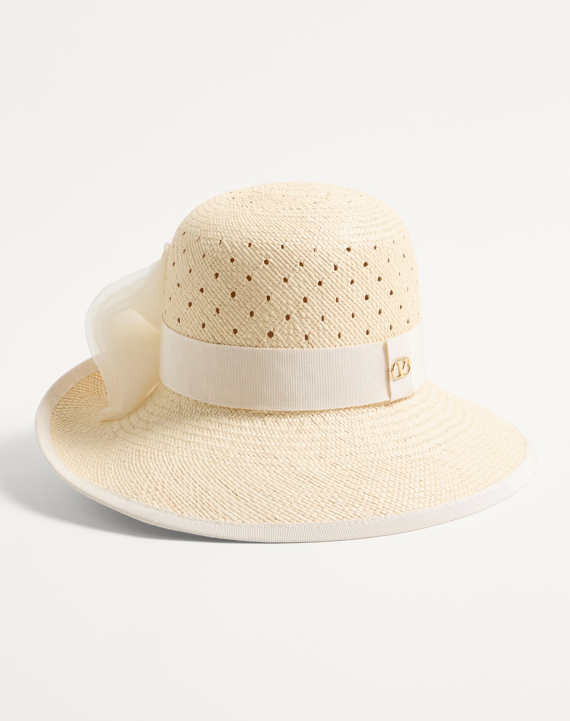 Valentino Vlogo Signature Hat In Perforated Panama With Organza Bow In Neutral