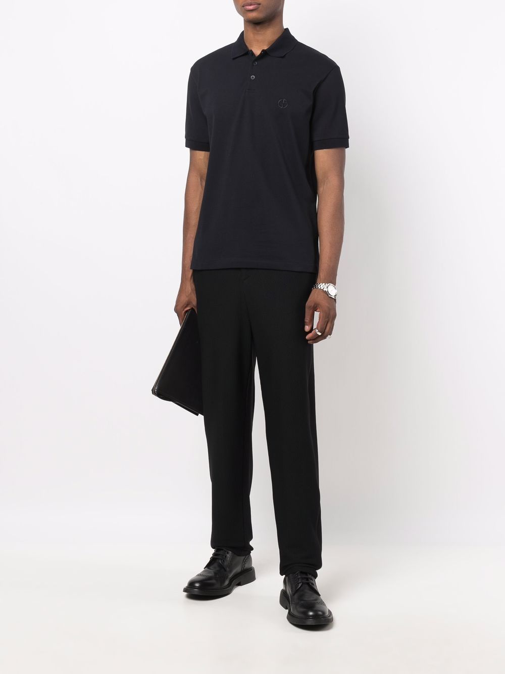 Giorgio Armani Navy Cotton Blend Polo With Embroidered Logo In Black