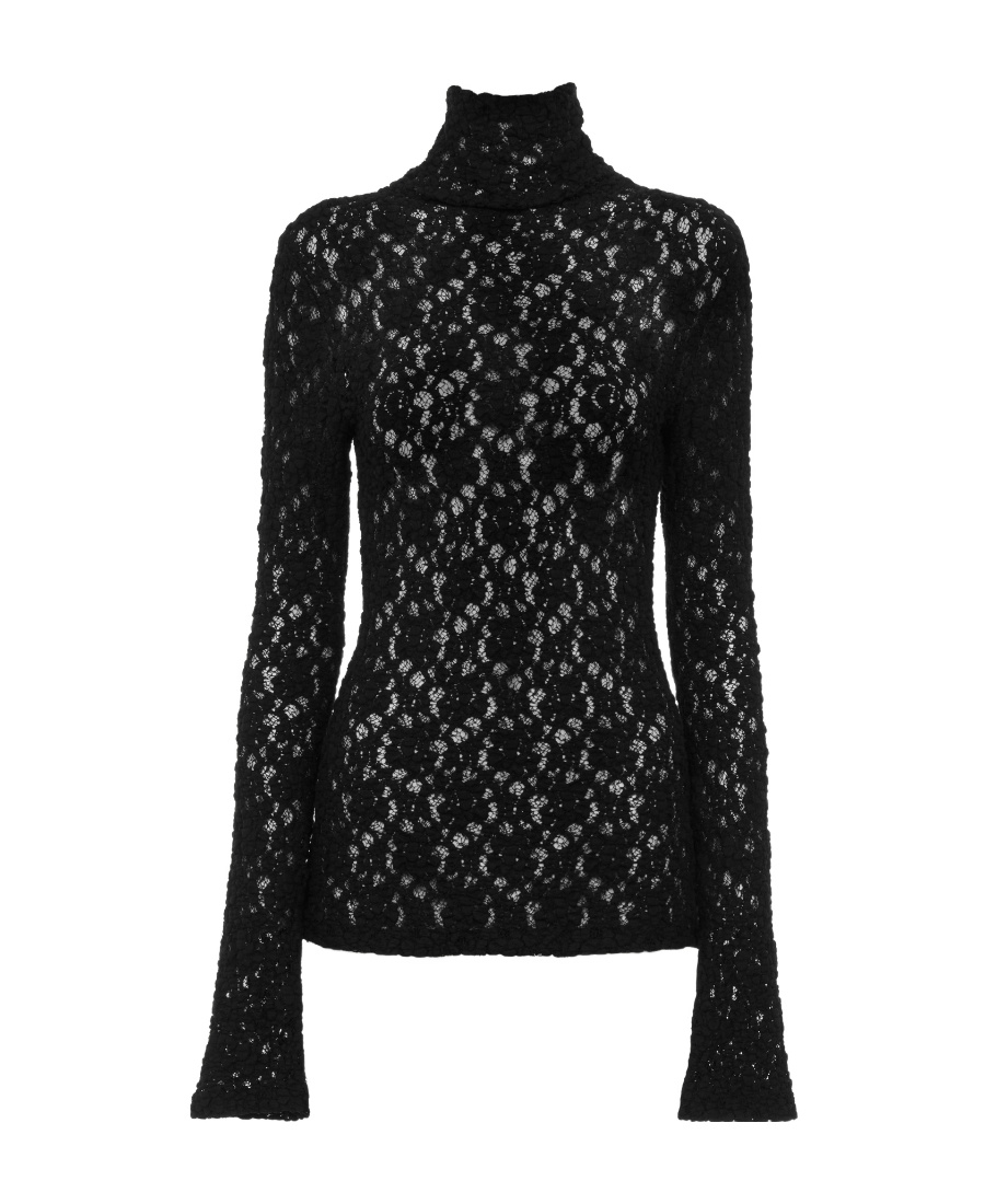 Chloé Turtleneck Long-sleeve Smocked Lace Top In Black