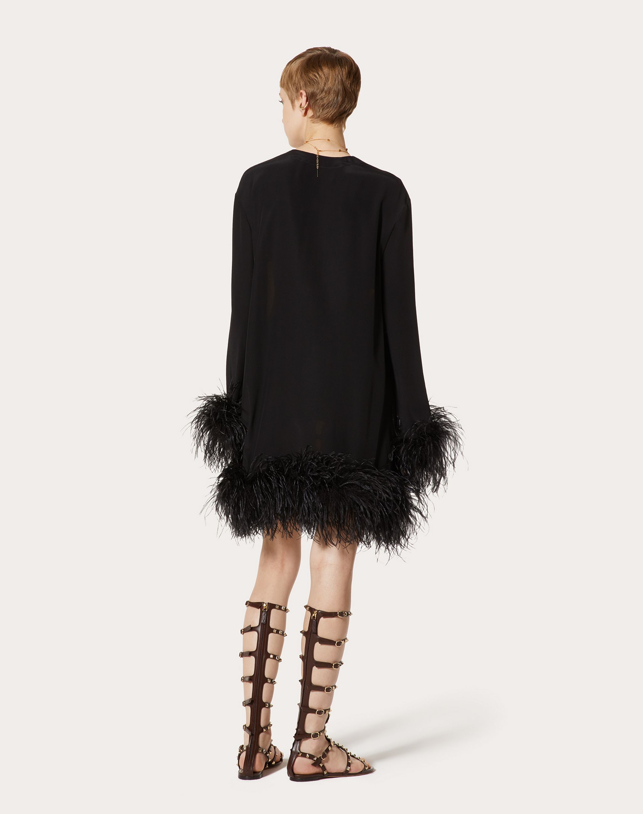 Valentino Dragon-print Feather-trim Silk Dress In Brown