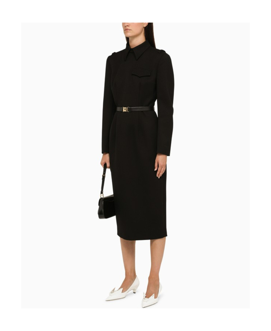 Prada High Neck Belted Waist Midi Dress In Black