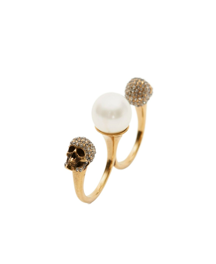 Alexander Mcqueen Gold-tone Double Ring With Crystal Embellished Skulls And Pearl In Brass In Yellow