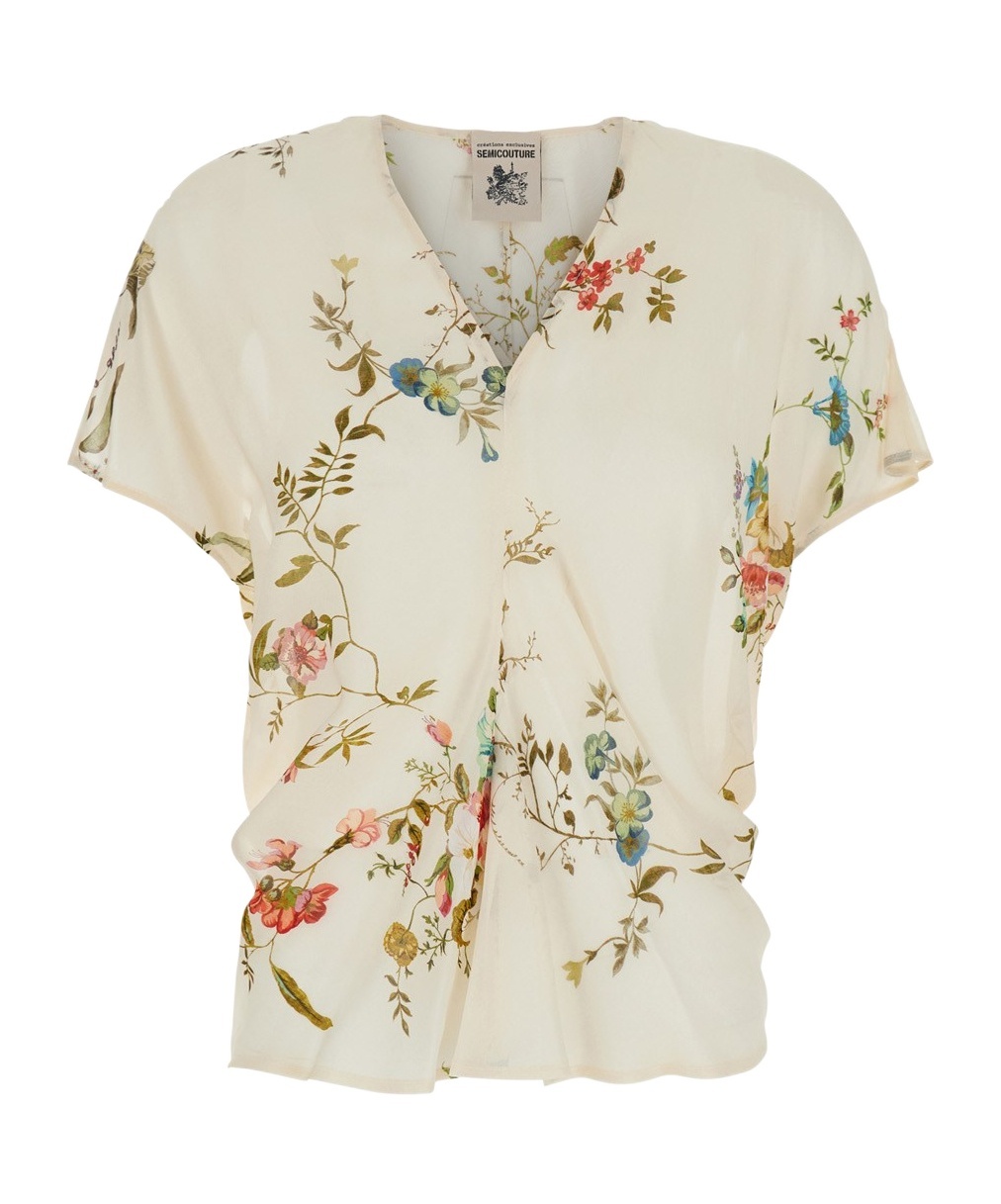 Semicouture Multicolor Top With V Neck And All-over Floral Print In Viscose Woman In White