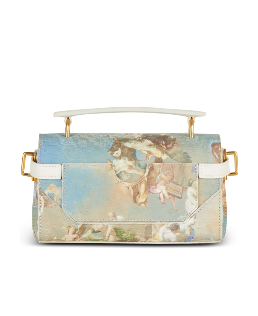 Balmain B-buzz 19 Bag In Sky Print Canvas With Leather Details In Nude