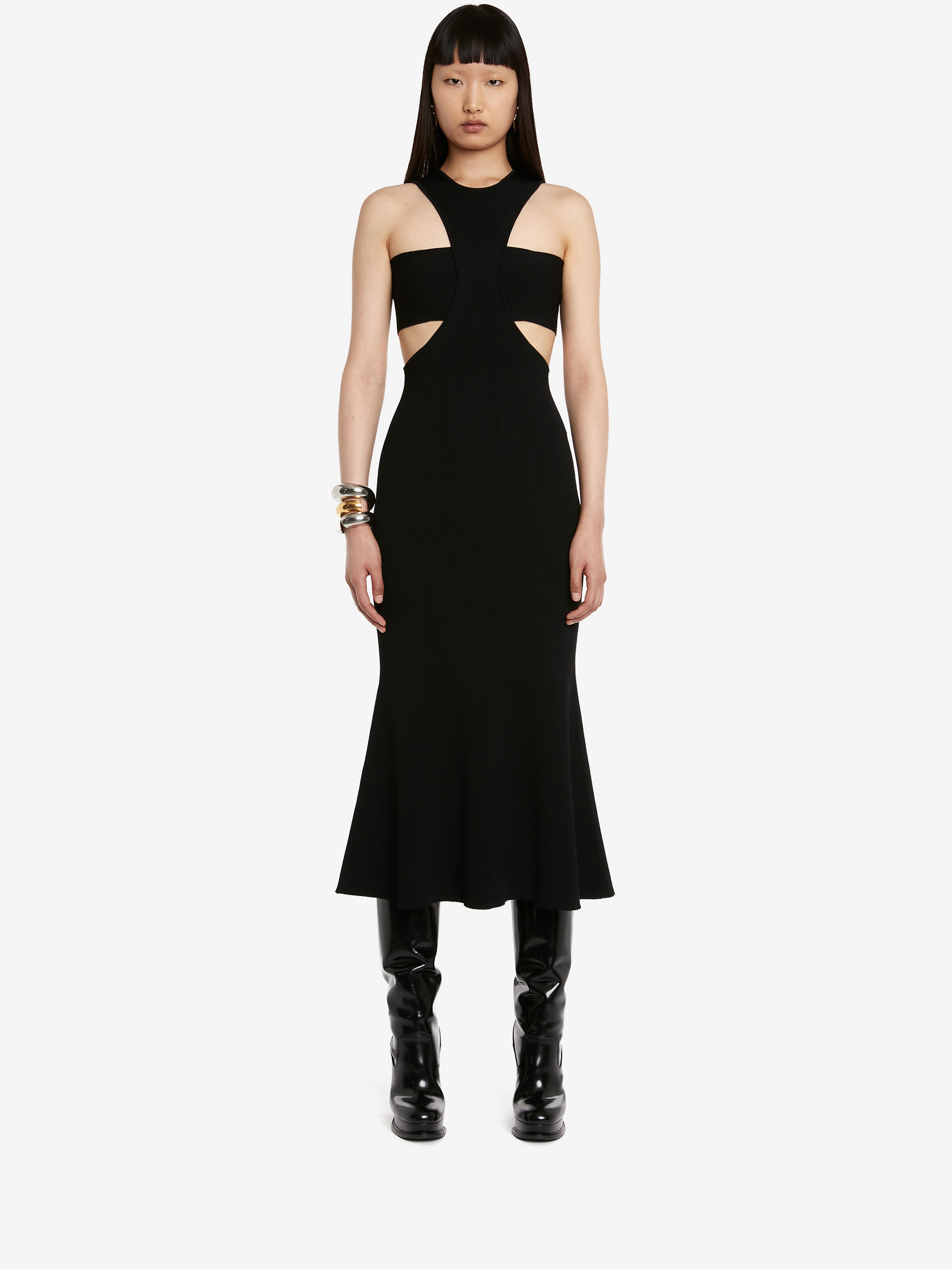 Alexander Mcqueen Black Slashed Harness Midi Dress In Black
