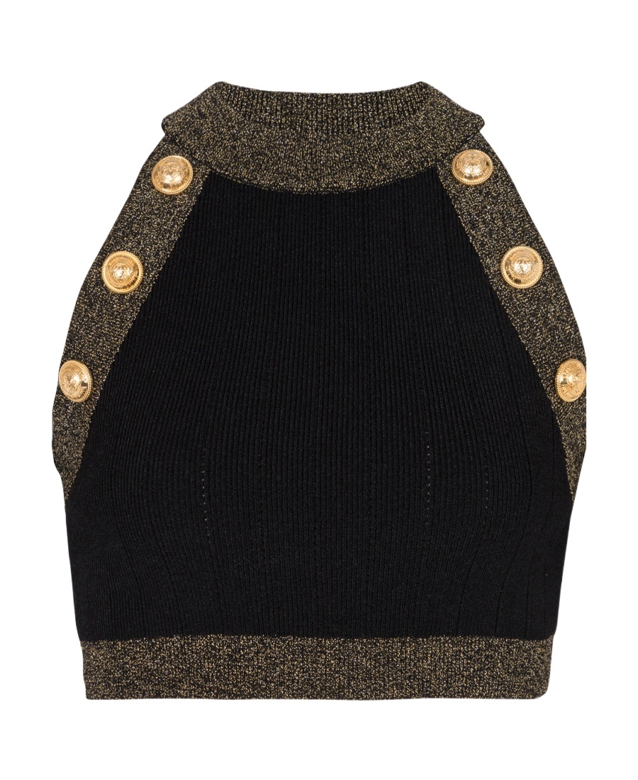 BALMAIN GOLD-TRIMMED KNIT CROP TOP