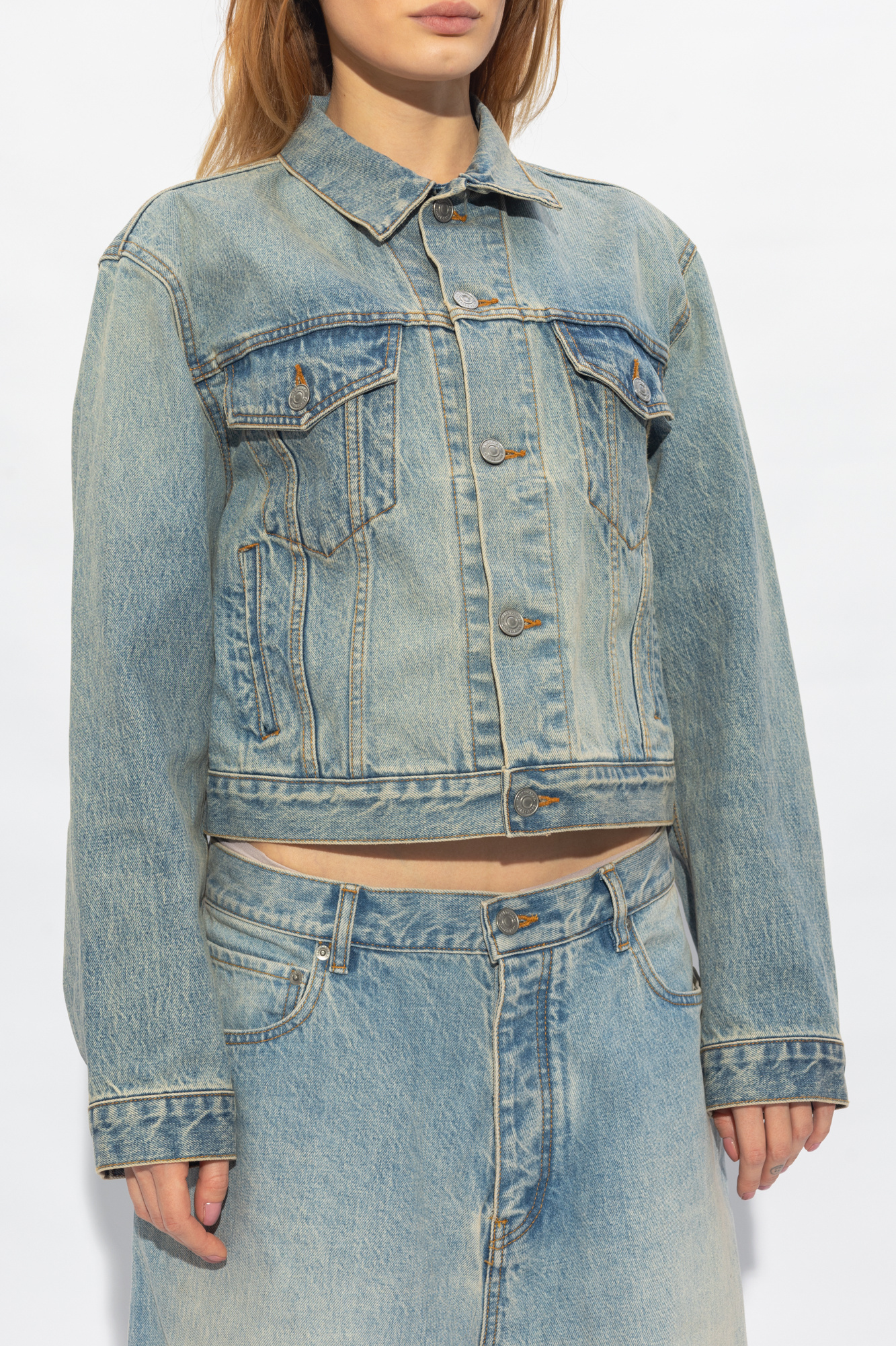 Balenciaga Light Blue Cropped Jacket With Logo Patch At The Back In Cotton Denim Woman In Blue