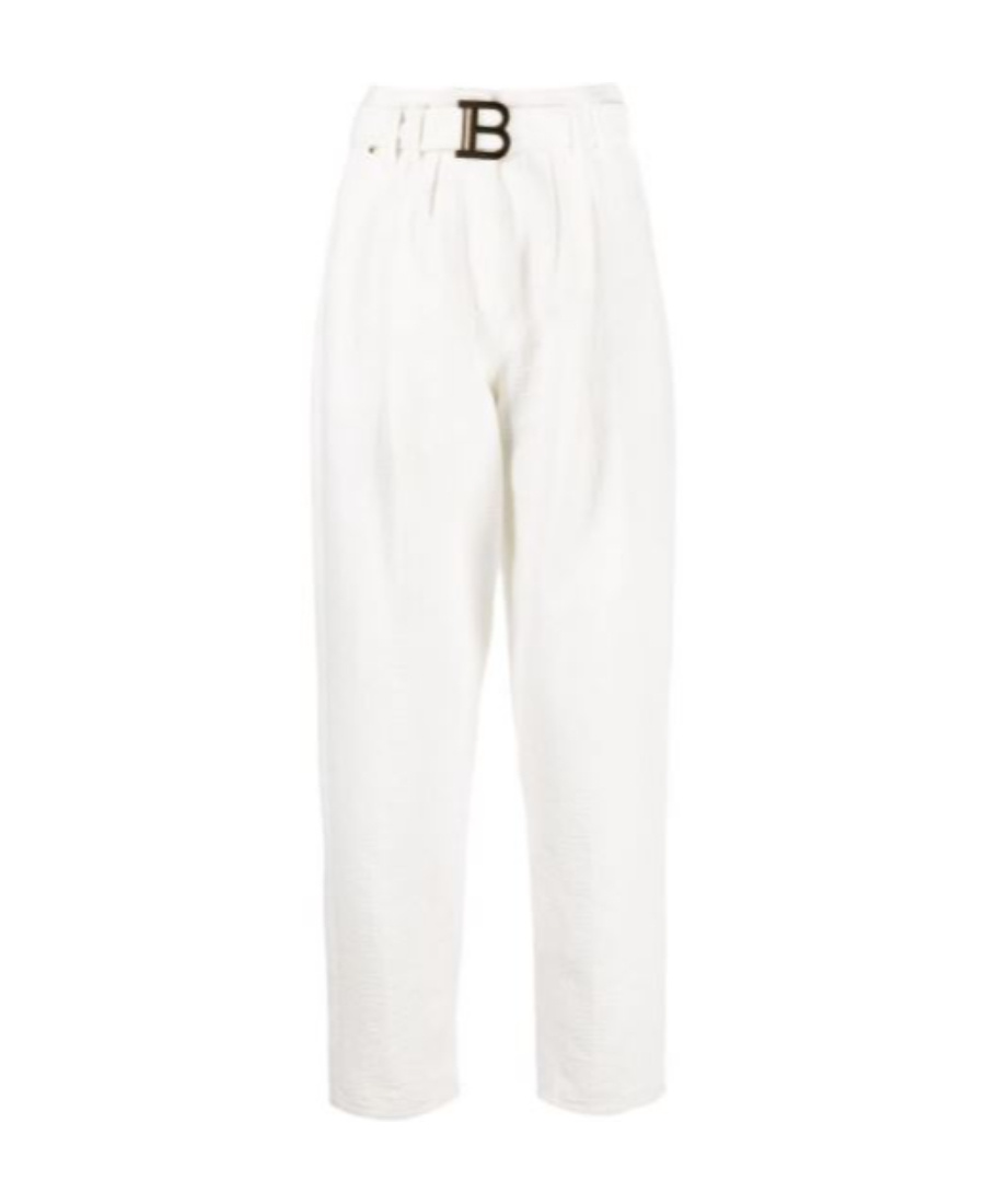 Balmain Boyfriend Cut Jeans With Buckle Monogram Print In White