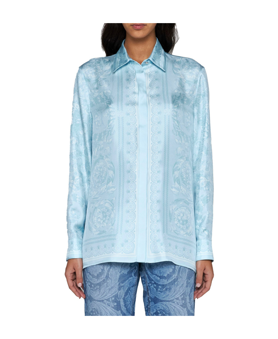 Versace Formal Shirt Silk Twill Fabric Baroque Print 92 In Blue