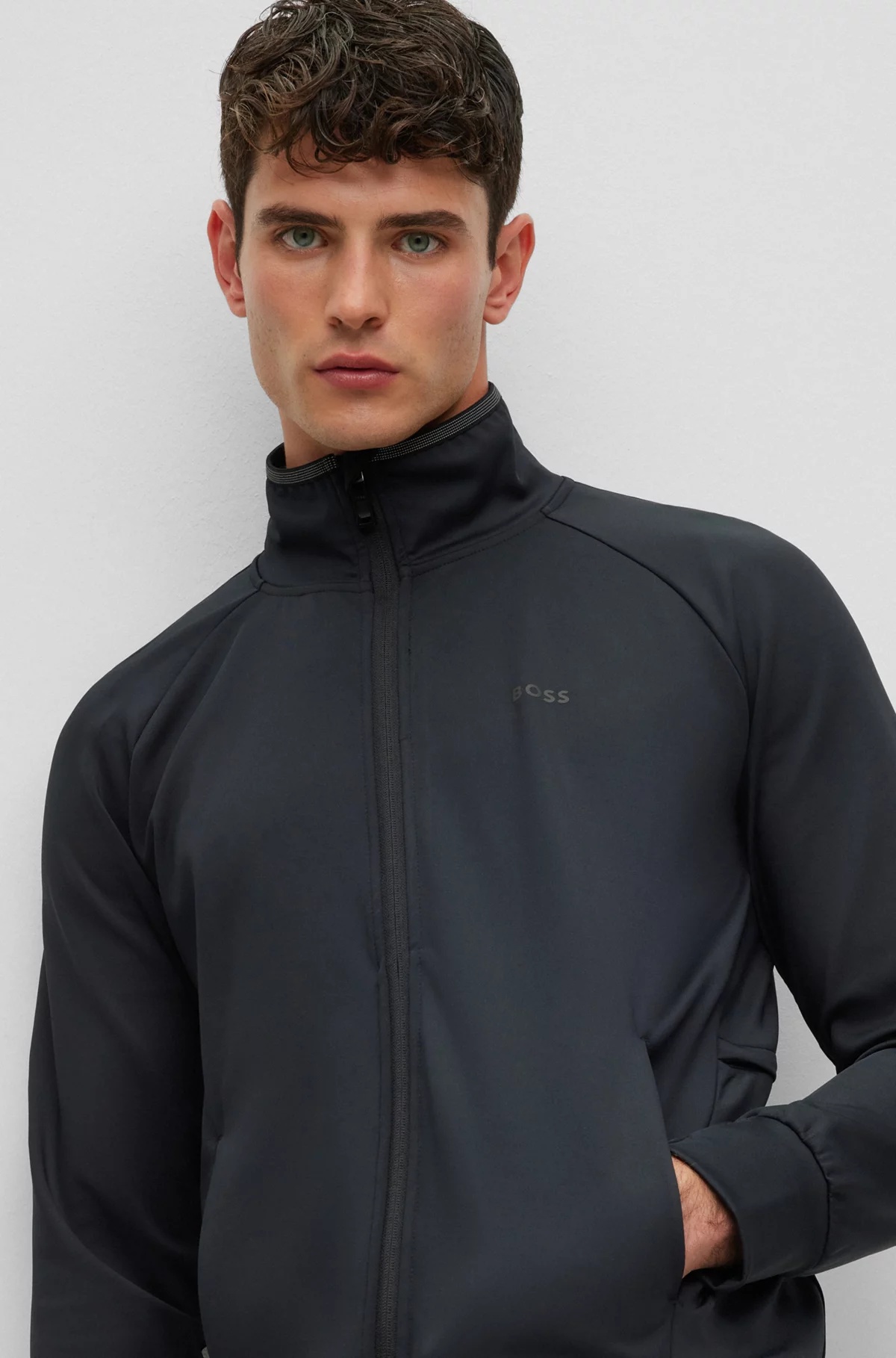 Hugo Boss Zip-up Sweatshirt In Active-stretch Fabric In Black