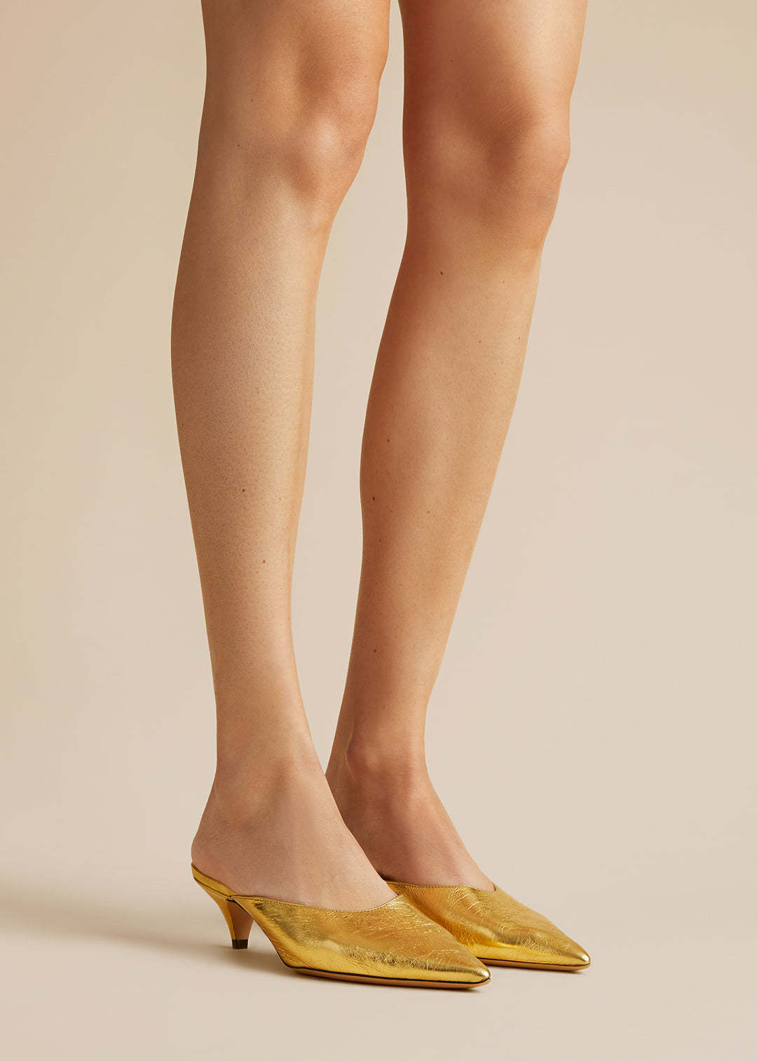 Khaite River Metallic Crinkled-leather Mules In Nude