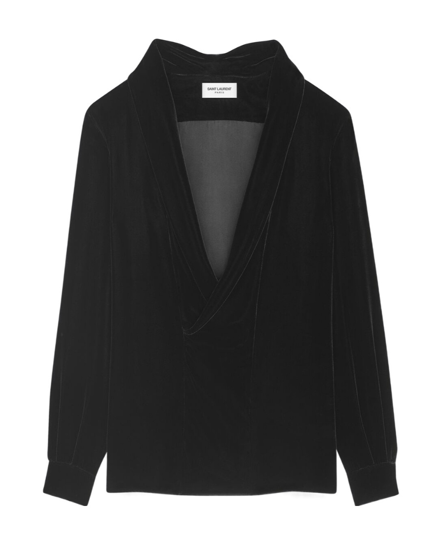 Saint Laurent Plunging V-neck Velvet Blouse In Black